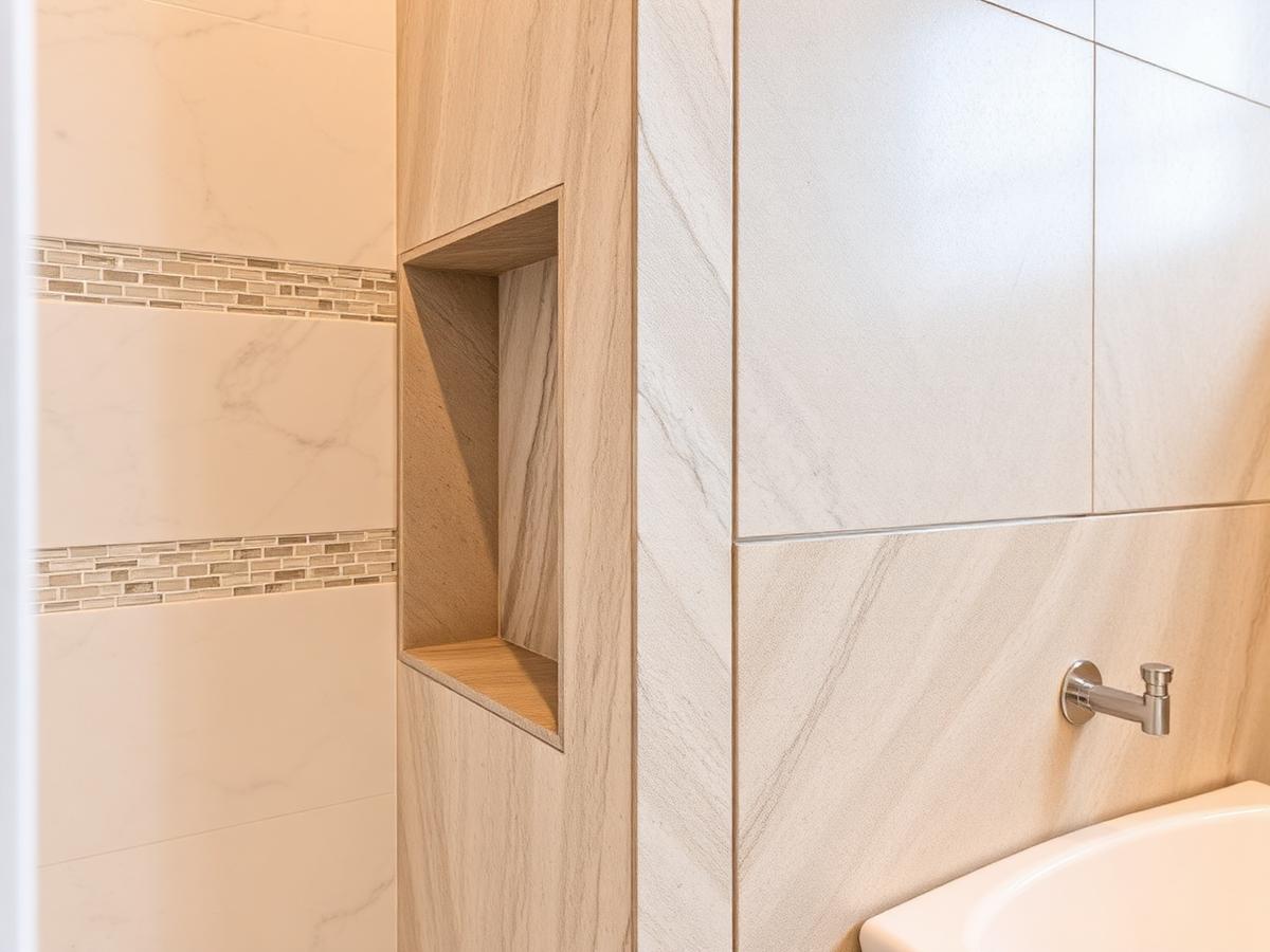Close detail of tiled shower walls and floor with even grout joints